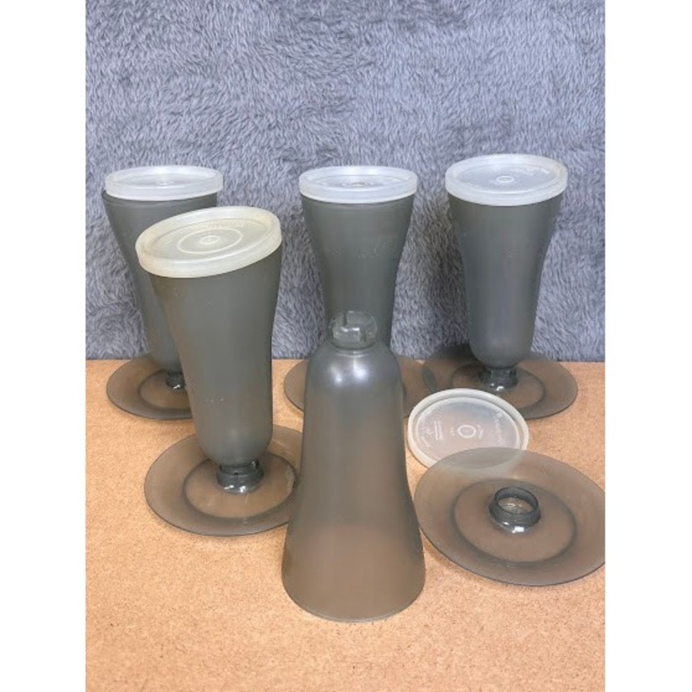 Vintage Tupperware Smoky‎ Gray Parfait Glasses Set of 5 with Lids & Bases 1277